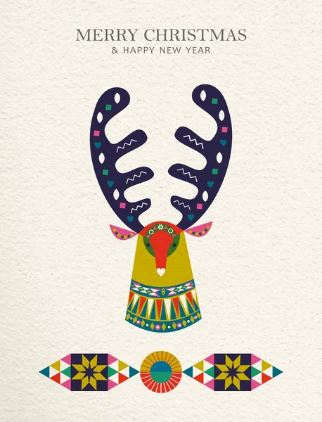 圣诞快乐新年民俗艺术贺卡插图 斯堪的纳维亚风格的鹿与传统的几何形状在喜庆的颜色 Eps10 — 图库矢量图片