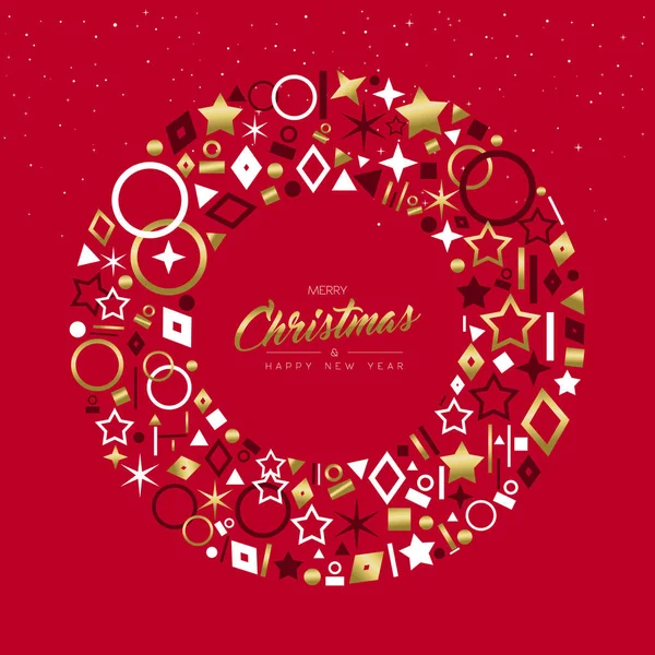 圣诞快乐新年贺卡设计与典雅的金色装饰图标 使节日花圈形状的红色背景 Eps10 — 图库矢量图片