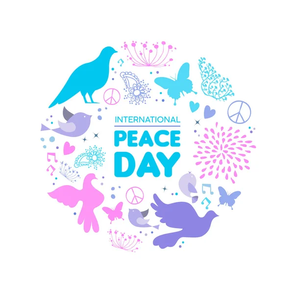Ilustracja Karta Międzynarodowego Dnia Pokoju Dove Ptak Ręka Doodle Ozdoba — Wektor stockowy