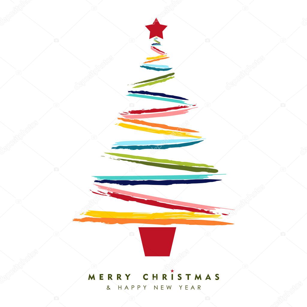 Merry Christmas and New Year colorful greeting card design with fun color xmas pine tree made of grunge hand drawn brush strokes. EPS10 vecto
