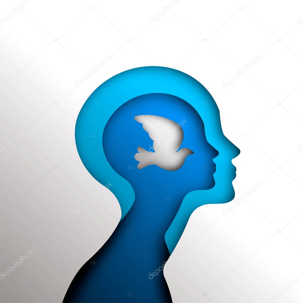 Illustration for peace and freedom concept in psychology, paper cut style head with dove bird inside. New business idea, religious, psychology project or self help design background.  EPS10 vector.