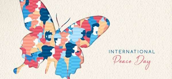 世界平和の日グリーティング カード イラスト 特別な休日のお祝いの一緒に多様なグループ 国際社会の支援のコンセプトです Eps10 ベクトル — ストックベクタ