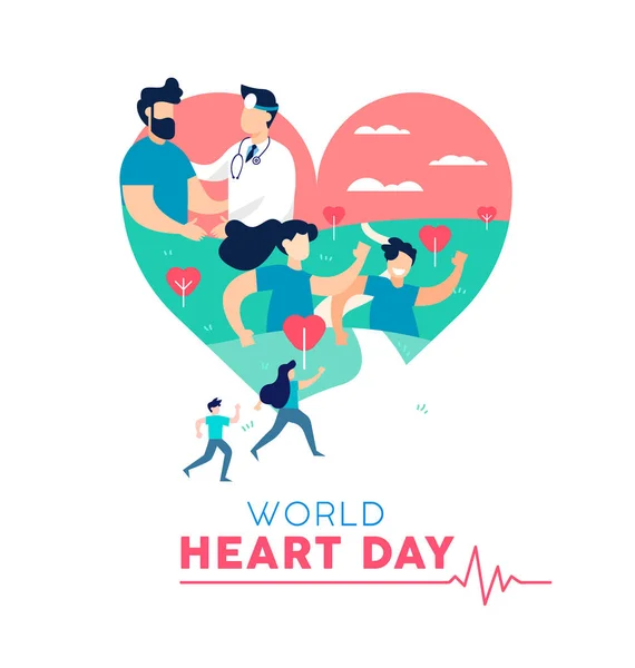 World Heart Day Illustration Concept Health Care Awareness Personas Corriendo — Archivo Imágenes Vectoriales