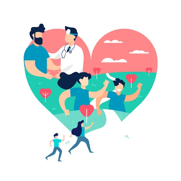 Ilustración Forma Del Corazón Concepto Medicina Salud Personas Que Corren — Vector de stock