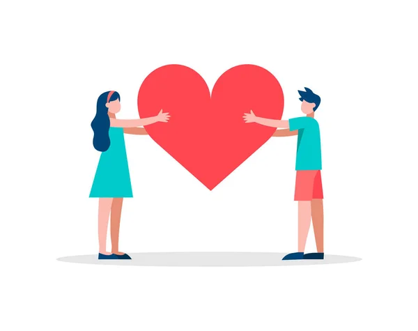 女孩和男孩抱着红色的心形 插图为社会网络如按钮 健康意识或浪漫概念的孤立背景 Eps10 — 图库矢量图片
