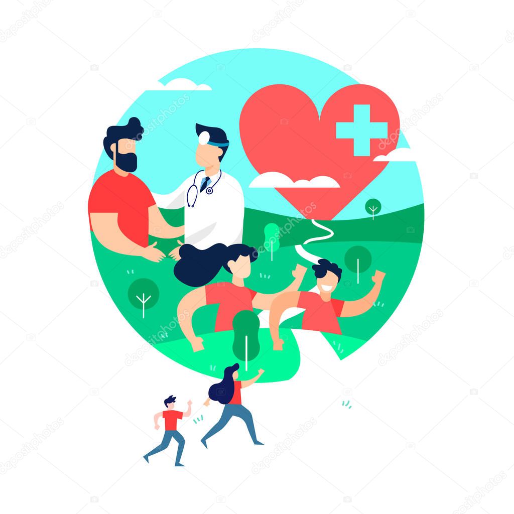 Health medicine illustration concept, heart disease awareness. People running for exercise or sport event outdoors and doctor with patient on isolated background. EPS10 vector.