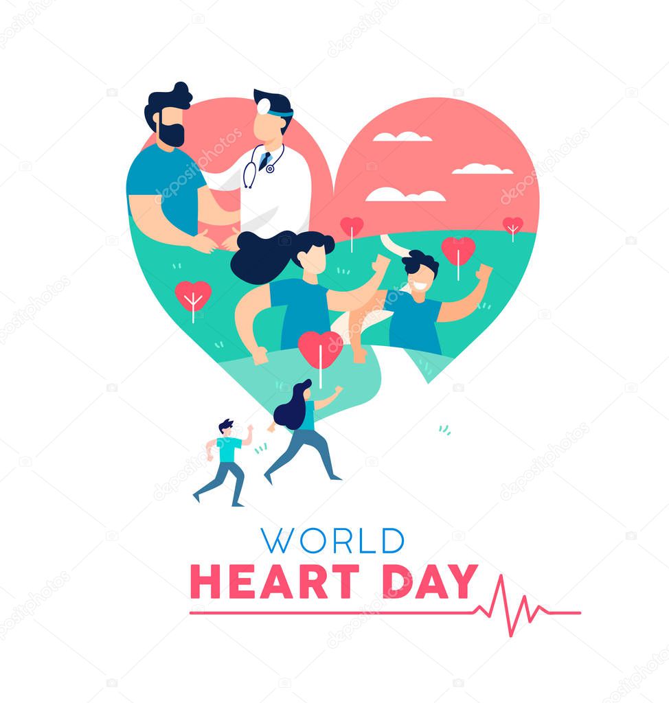 World Heart Day illustration concept, health care awareness. People running for disease prevention and doctor with patient. EPS10 vector.