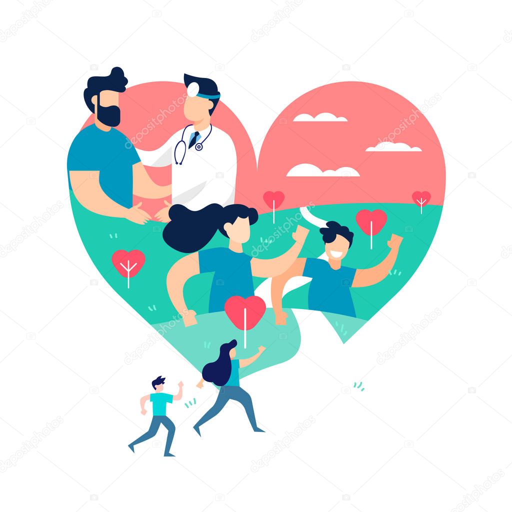 Heart shape illustration, health medicine concept. People running for exercise awareness or sport event outdoors and doctor with patient on isolated background. EPS10 vector.