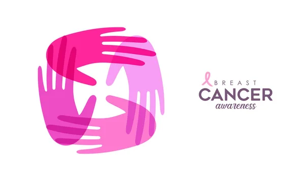 Breast Cancer Awareness Illustrazione Aiuto Unità Donne Rosa Mani Insieme — Vettoriale Stock