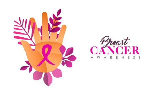 乳腺癌认识月例证为幸存者妇女的健康支持 女孩手与粉红色丝带和植物叶子 Eps10 — 图库矢量图片