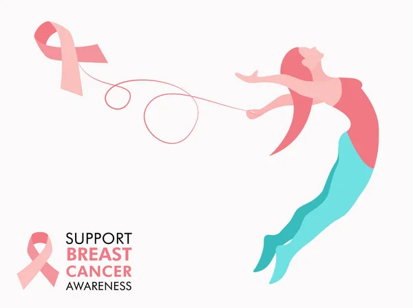 Świadomości Raka Piersi Ilustracja Kobieta Różową Wstążką Dla Zdrowia Wsparcie — Wektor stockowy