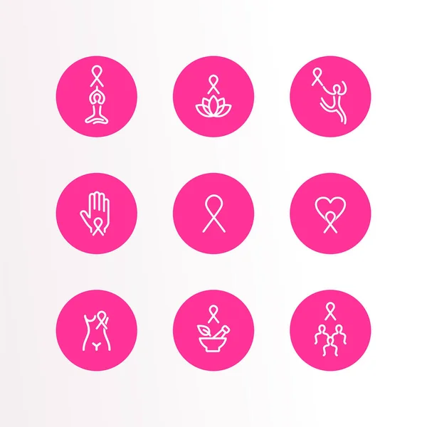 Brustkrebs Bewusstsein Monat Umreißen Symbol Set Rosa Schleife Symbolsammlung Für — Stockvektor