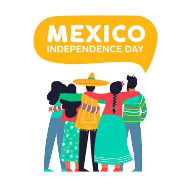 Meksika mutlu bağımsızlık günü resimde arka plan. Meksika çeşitli arkadaş birlikte Eylül için 16 ulusal olay kutlama sarılma grup insanlar. EPS 10 vektör.