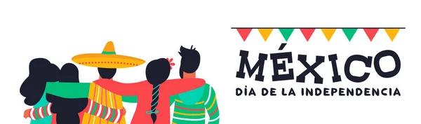 墨西哥愉快的独立天例证背景以西班牙引述 墨西哥不同的朋友们团体在典型的衣服拥抱在一起 9月16日国庆庆典活动 — 图库矢量图片