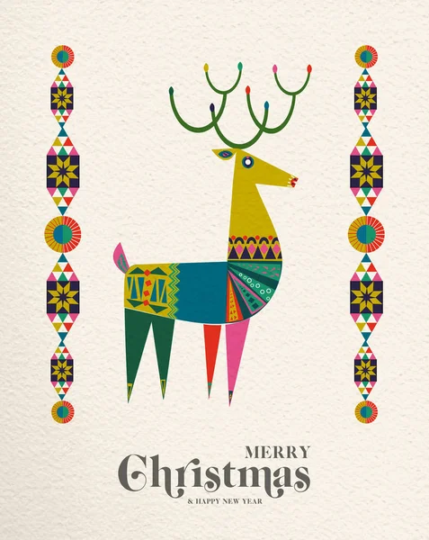 メリー クリスマスと新年あけましておめでとうございます民芸グリーティング カード イラスト お祭りの色の伝統的な幾何学図形を鹿は北欧スタイル Eps10 ベクトル — ストックベクタ