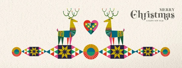 圣诞快乐和新年的横幅插图可爱的鹿在老式的几何形状风格 丰富多彩的冬季假日斯堪的纳维亚设计 Eps10 — 图库矢量图片