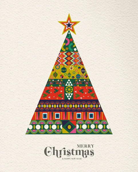 メリー クリスマスと幸せな新年休日民芸イラスト カード 北欧スタイルのクリスマス松 お祭り色の伝統的な幾何学図形 Eps10 ベクトル — ストックベクタ