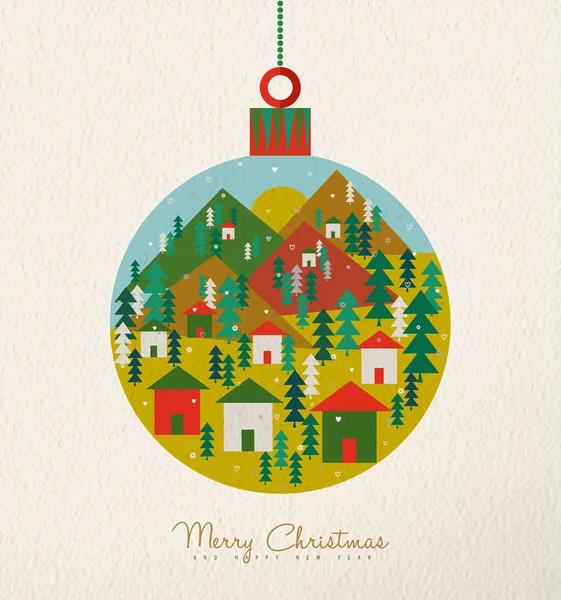 Merry Christmas Holiday Folk Art Hanging Bauble Card Illustration Scandinavian — Stock Vector