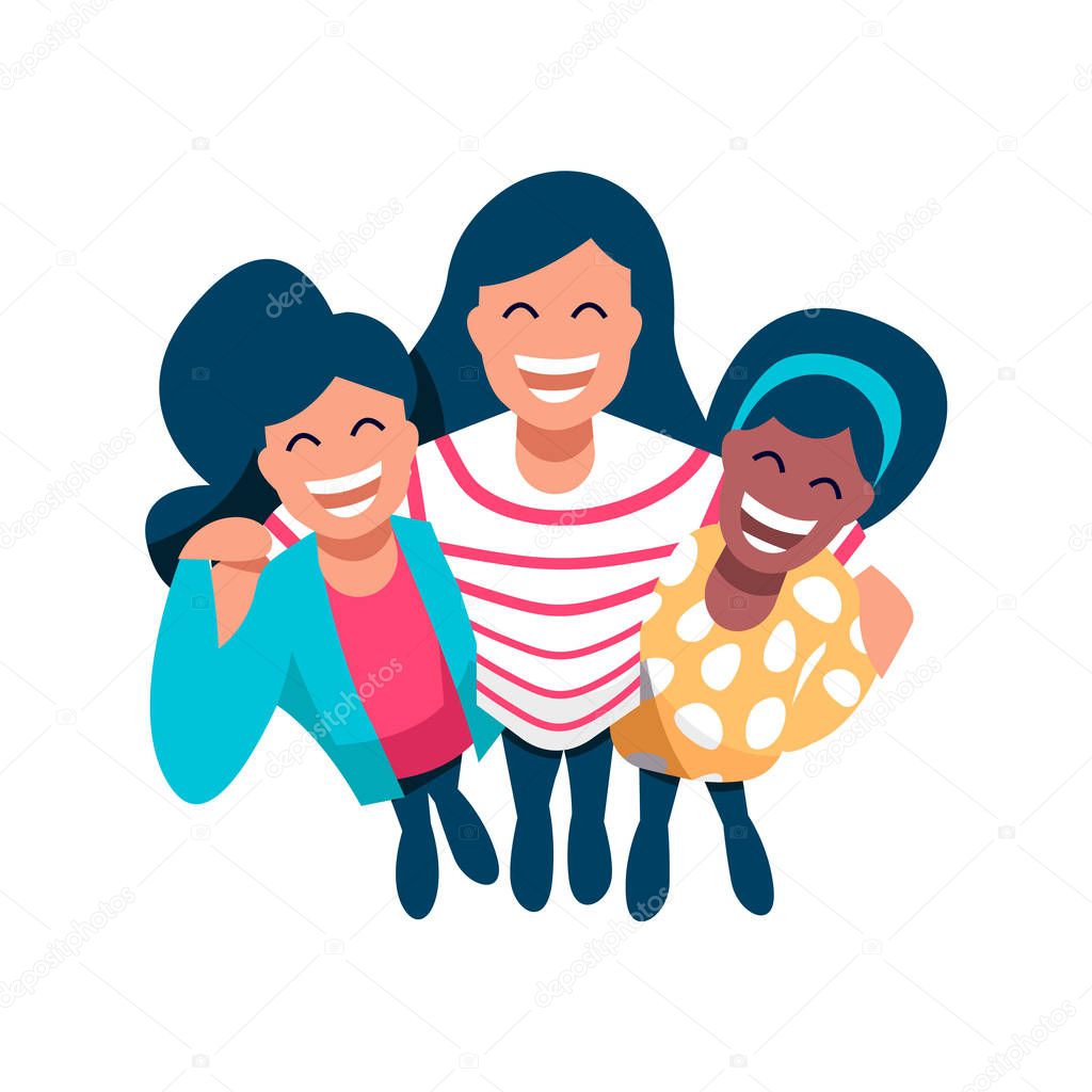 Diverse women friend group of girls hugging together for special event. Girl team hug from top view on isolated background with copy space. EPS10 vector.