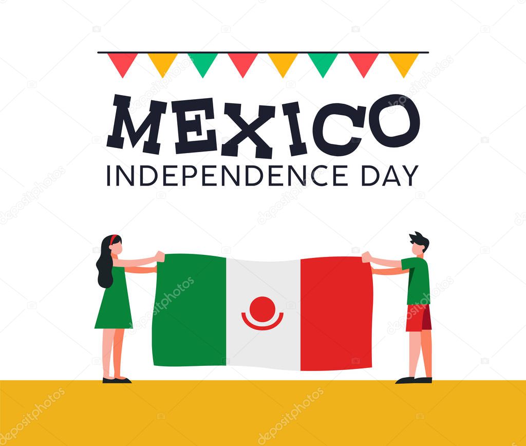 Happy Mexico Independence Day illustration. Traditional national celebration design with boy and girl holding mexican country flag for september holiday. EPS10 vector.