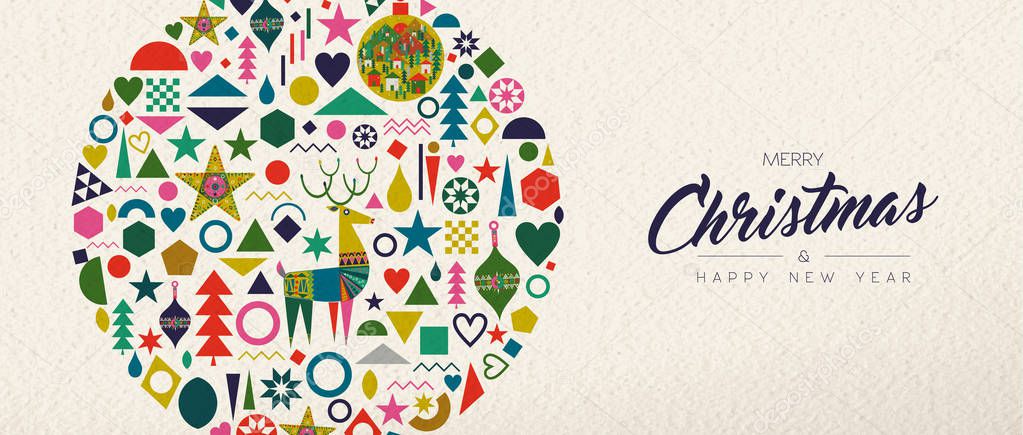 Merry Christmas and Happy New Year banner illustration of vintage geometric shape icons, colorful winter holiday Scandinavian design. EPS10 vector.