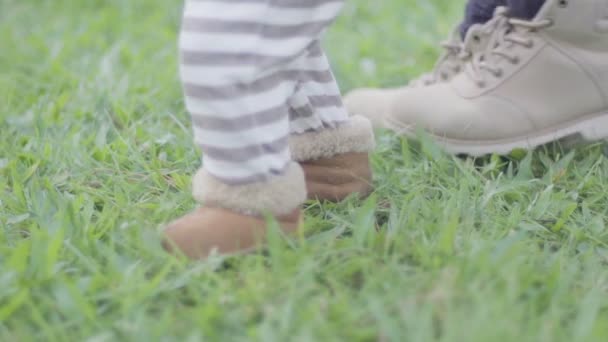 Niño Caminando Primeros Pasos Aire Libre Parque Con Ayuda Madre — Vídeos de Stock