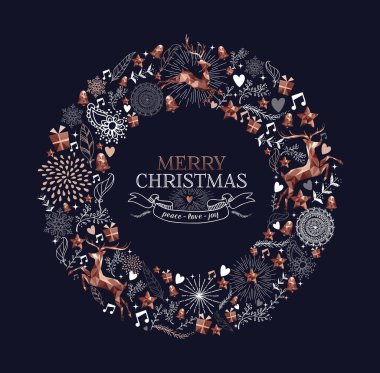 Neşeli Noel mutlu yıllar vintage tebrik kartı tasarımı, bakır düşük poli Ren geyiği ve elle çizilmiş tatil doğa şekilleri ile Noel çelenk. Eps10 vektör