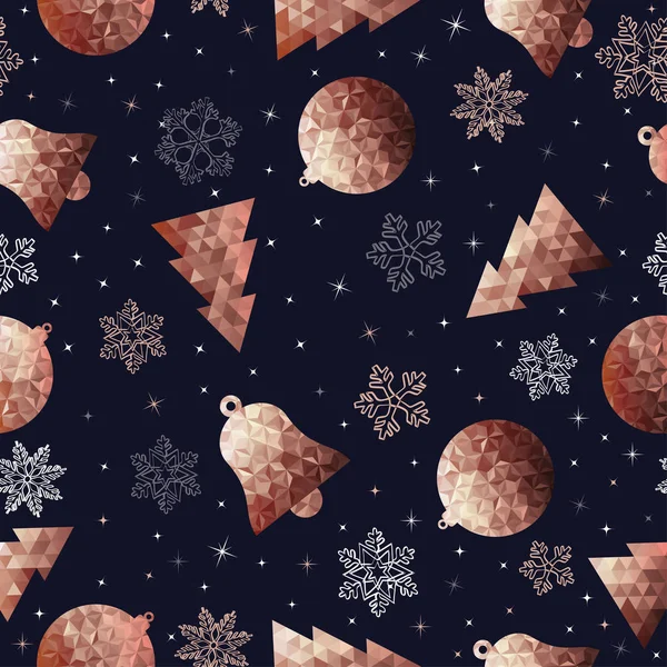 Koperen Kerstmis Naadloze Patroon Lage Poly Ornamenten Hand Getrokken Sneeuw — Stockvector
