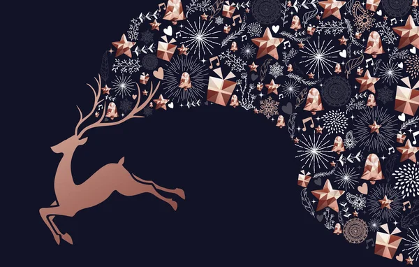 Weihnachten Neujahr Konzept Illustration Design Springende Kupfer Rentier Silhouette Mit — Stockvektor