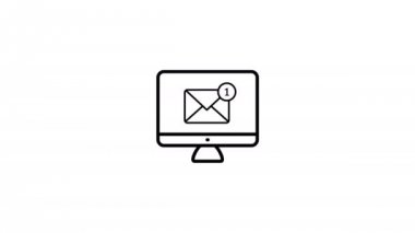 Bilgisayar e-posta kavramı 2d animasyon basit anahat stili. İş haber bülteni, office e-posta veya 4 k görüntüleri sosyal ağ uygulaması için posta bildirimi ile PC ekran simgesi. Alfa kanal modu dahil.