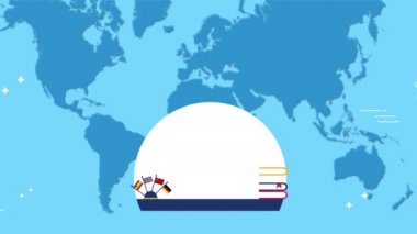 Çoklu dil çevirmen kavramı 2d animasyon. Bilgisayarda dünyada çeviri app kullanarak farklı diller konuşan kız.