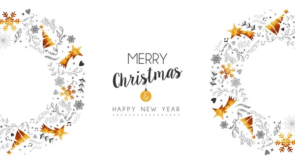 Feliz Navidad Feliz Año Nuevo Decoración Olas Oro Con Pino — Vector de stock