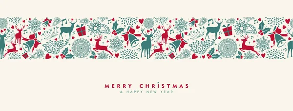 メリー クリスマスと新年あけましておめでとうございますビンテージ バナー鹿のシームレスなパターンの背景を持つ クリスマス トナカイの装飾アイコン休日の色で Eps10 ベクトル — ストックベクタ
