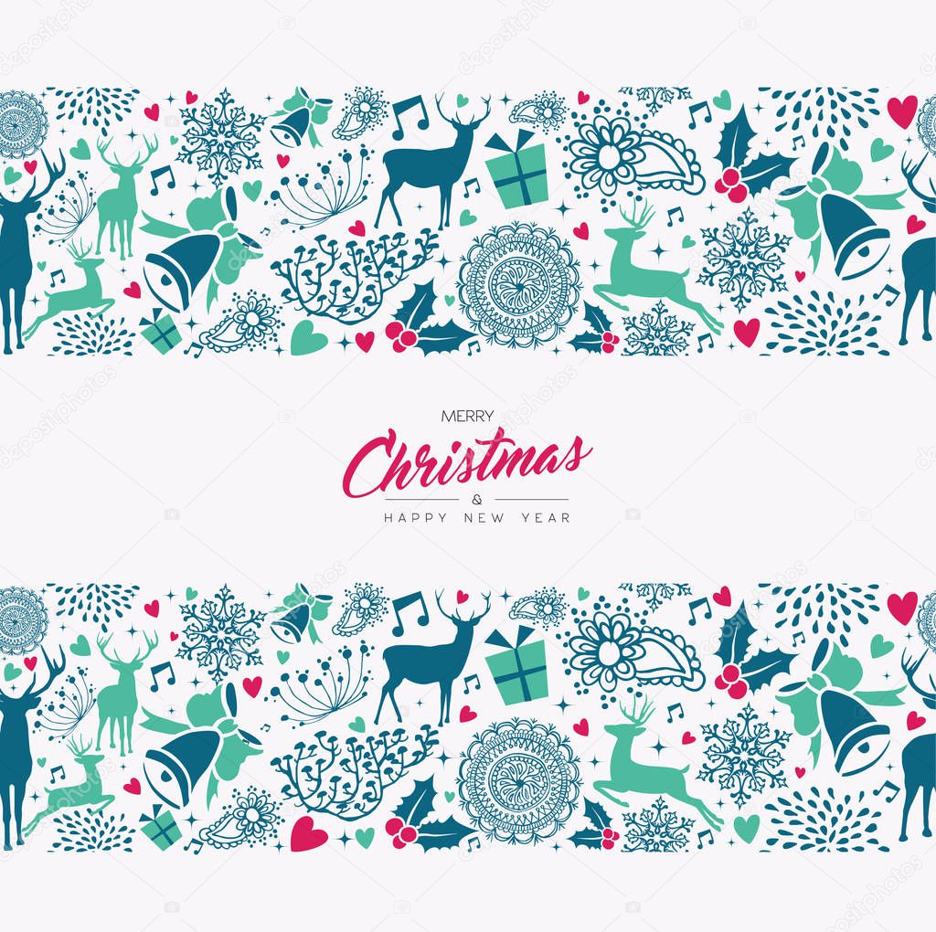 Merry Christmas and Happy New Year vintage card with deer seamless pattern background. Xmas reindeer decoration icons in holiday colors. EPS10 vector.