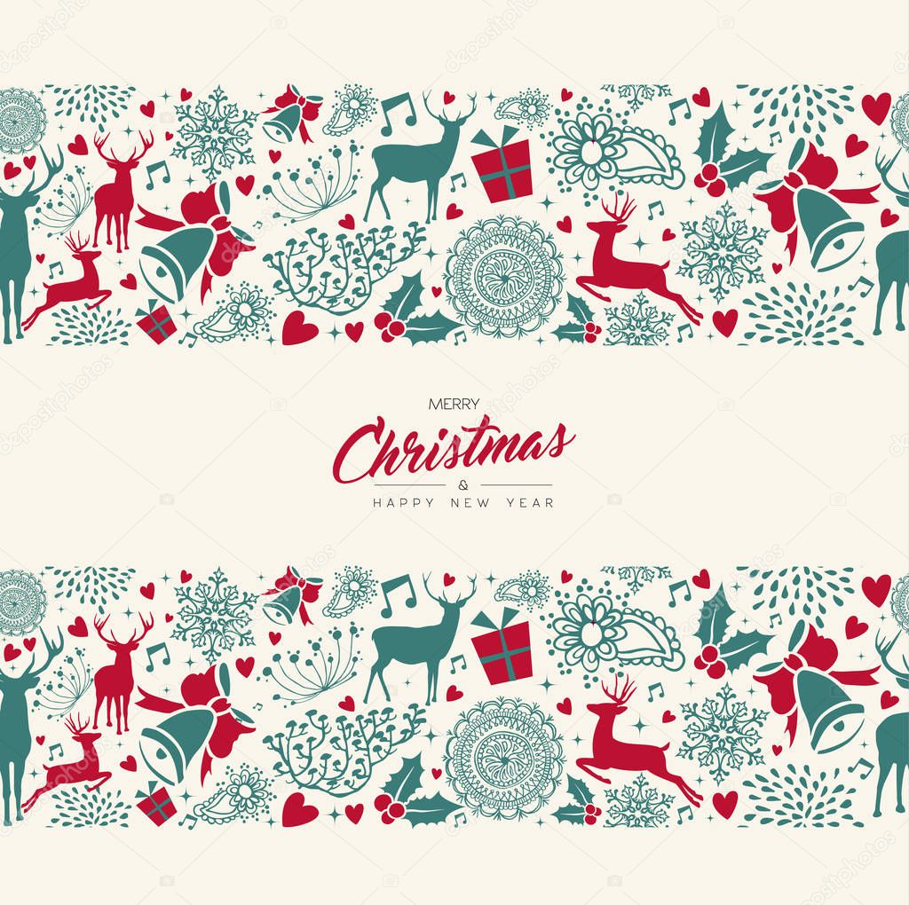 Merry Christmas and Happy New Year retro vintage card with deer seamless pattern background. Xmas reindeer decoration icons in holiday colors. EPS10 vector.