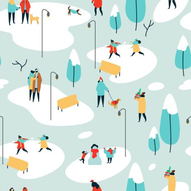 Kışın park açık çeşitli insan Noel Sezon seamless modeli. Kadın, Erkek, çocuk ve köpek xmas kar manzara ile tatil arka plan.