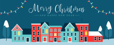 Neşeli Noel ve mutlu yeni yıl web banner gösterimi şirin evler kış sezonu. Tebrik kartı dekorasyon gece çam ağaçları, kar, xmas tatil şehir ışıkları. 