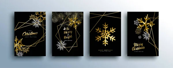 Frohe Weihnachten Goldschablone Set Mit Winterzeit Und Weihnachtselementen Low Poly — Stockvektor