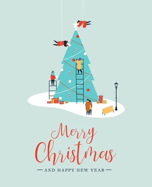 圣诞快乐 新年贺卡 人们团体一起制作大圣诞松树 一起度假 装饰装饰品 Eps10 — 图库矢量图片