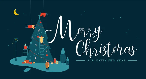 Feliz Navidad Feliz Año Nuevo Tarjeta Felicitación Grupo Personas Haciendo — Vector de stock