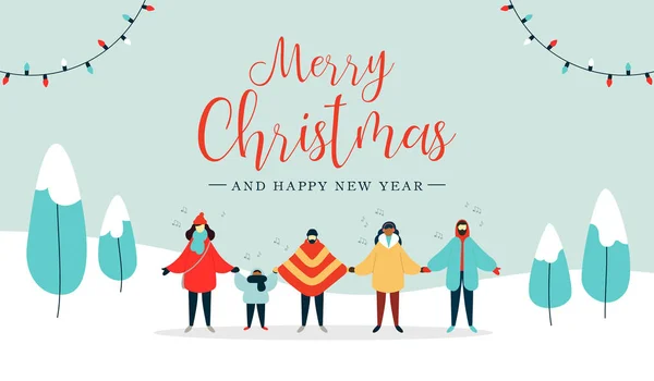 クリスマスを歌う人々 の多様なグループの陽気なクリスマスと幸せな新年イラストはクリスマスキャロル雪風景の中の曲です 冬のシーズンの休日のデザインをフラット スタイル — ストックベクタ