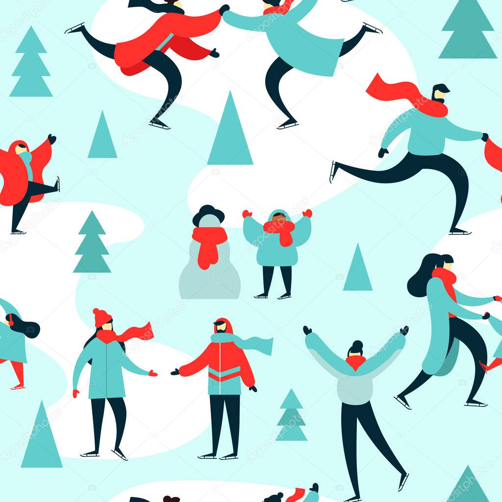 Christmas season seamless pattern of diverse people ice skating at outdoor park in winter. Xmas holiday background with women, men and children on snow landscape.