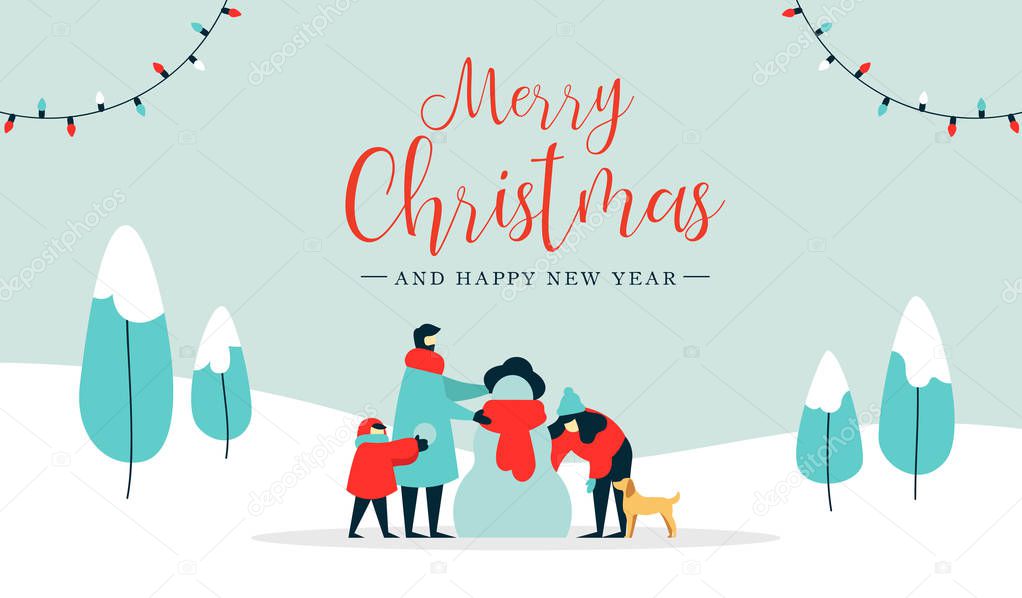 Merry Christmas happy new year winter illustration, family with kid and dog making snowman on snow landscape background. Modern people holiday design for xmas season.