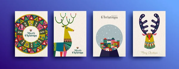 Buon Natale Folk Art Set Biglietti Auguri Collezione Template Renne — Vettoriale Stock