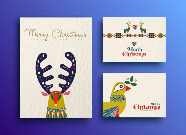 Merry Christmas Folk Art Greeting Card Set Template Collection Scandinavian — Stock Vector