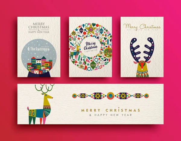 Feliz Natal Arte Popular Conjunto Cartão Saudação Coleção Modelos Renas —  Vetores de Stock