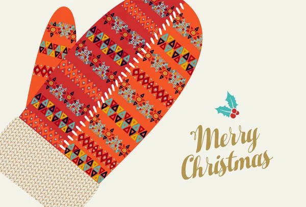 Merry Christmas Illustration Vintage Röd Vinter Handske Med Traditionella Geometriska — Stock vektor