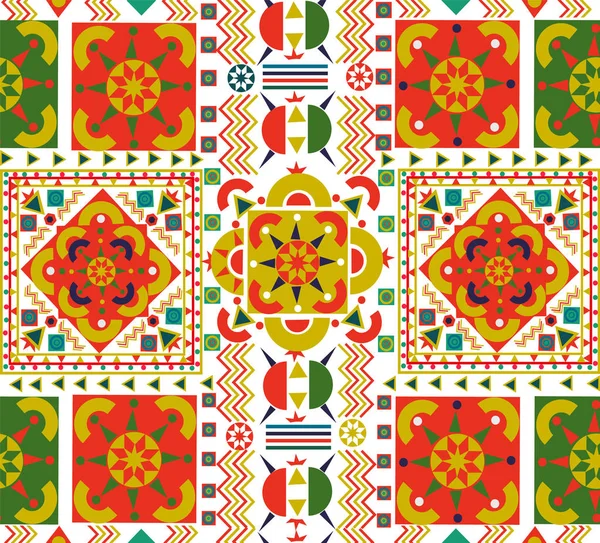 Retro Seamless Pattern Tile Colorful Patchwork Vintage Tribal Folk Multicolor — Stock Vector