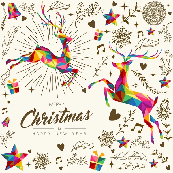 メリー クリスマスと幸せな新年グリーティング カード トナカイ カラフルな低ポリゴン スタイルの背景手描き装飾 休日のイベントのクリスマス シーズンの図 Eps10 ベクトル — ストックベクタ