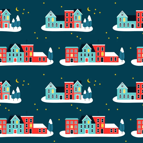 Christmas Seamless Pattern Cute Houses Winter Season Festive Seasonal Background — Stock Vector